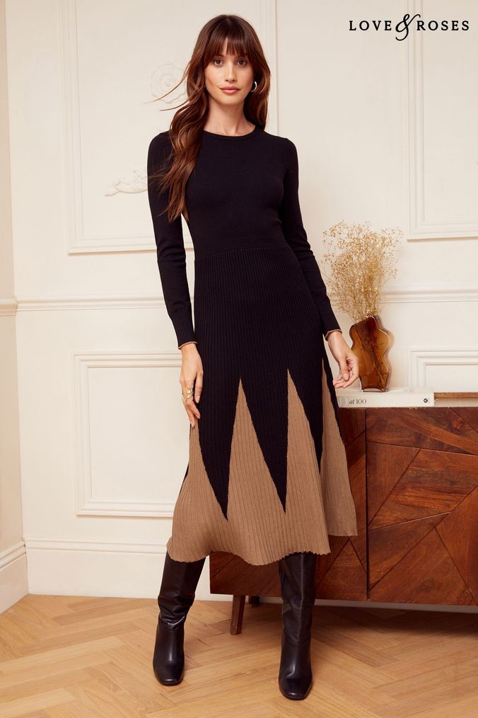 Gifts for Him Black Godet Skirt Long Sleeve Knitted Midi Dress (Q06962) | £60