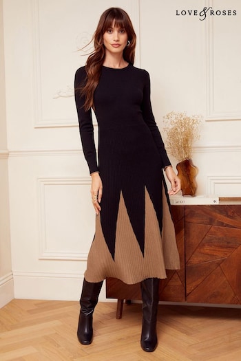 Love & Roses Black Godet Skirt Long Sleeve Knitted Midi Dress (Q06962) | £62