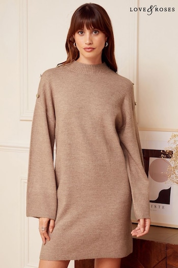 Love & Roses Camel High Neck Button Shoulder Knitted Mini Dress (Q07001) | £48