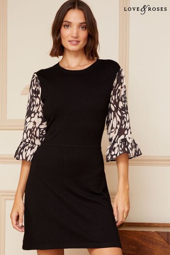 Love & Roses Black Woven Sleeve Knitted Mini Dress (Q07007) | £48