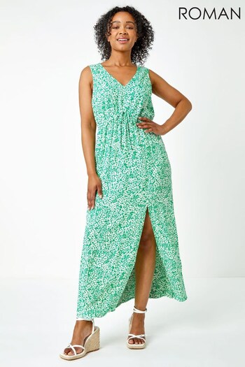 Roman Green & White Petite Palm Print Stretch Maxi Dress (Q07040) | £42