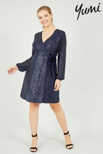 Yumi Blue Sequin Wrap Dress With Velvet Tie (Q07101) | £65
