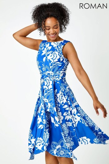 Roman Blue & White Petite Tie Waist Floral Stretch Dress (Q07174) | £42