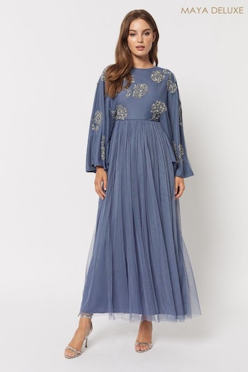 Maya Blue Modest Cape Sleeve Embellished Maxi Dress (Q07282) | £130
