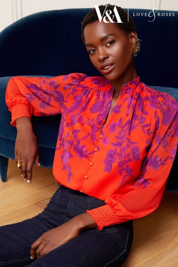 V&A | Bras & Crop Tops Red and Purple Printed Puff Sleeve V Neck Long Sleeve Button Up Blouse (Q07571) | £42