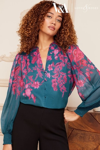 Love & Roses Teal and Pink Printed Notch Neck Blouse (Q07572) | £42