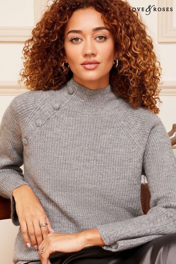 Love & Roses Grey Button Detail High Neck Knitted Jumper (Q08548) | £44