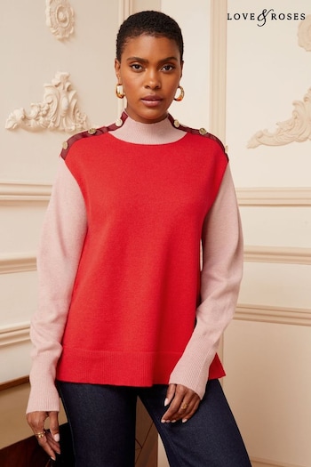 Customise Your Sofa Berry Red High Neck Colour Block Button Shoulder Knitted Jumper (Q08551) | £44