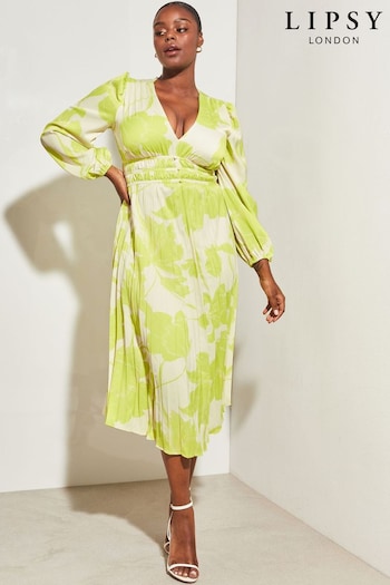 Lipsy Lime Floral Curve Long Sleeve Pleated V Neck Channel Waist Midi Dress (Q08553) | £75