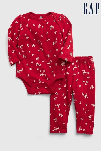 Gap Red Floral Print Long Sleeve Baby Bodysuit & Leggings Set (Q08853) | £20