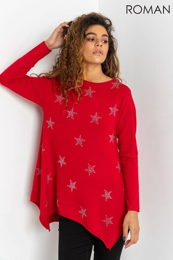 Roman Red Star Print Knitted Tunic with Tassel Scarf (Q09545) | £40