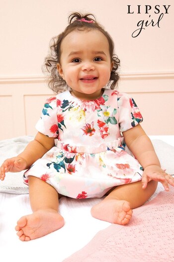 Lipsy Blush Pink Floral Baby Puff Sleeve Dress With Matching Knicker (Q09726) | £7 - £8
