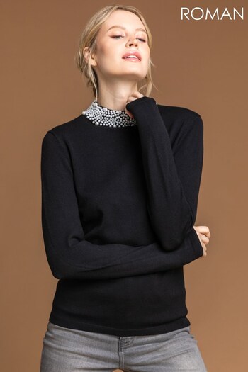 Roman Black Faux Pearl Embellished High Neck Jumper (Q09770) | £30