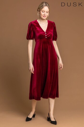 Dusk Red Velvet Button Detail Fit & Flare Dress (Q09786) | £55