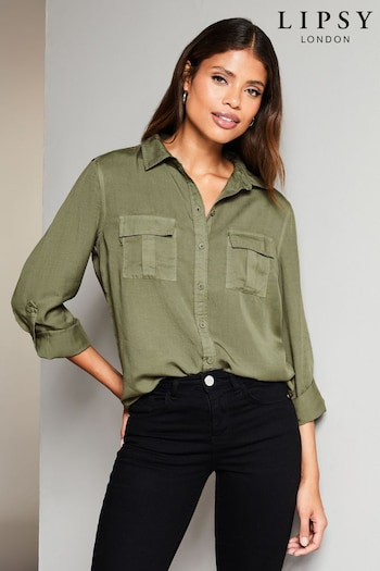 Lipsy Khaki Green Tencel Pocket Shirt (Q09945) | £38