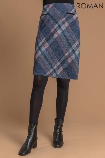 Roman Blue Check Print Brushed Skirt (Q10042) | £25
