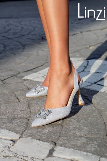 Linzi Silver Ada Slingback Pointed Court Heel With Diamante Broach Design (Q10370) | £35