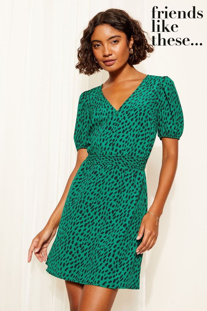 New: Coats & Jackets Green Puff Sleeve Ruched Waist V Neck Midi Summer Dress (Q10640) | £38
