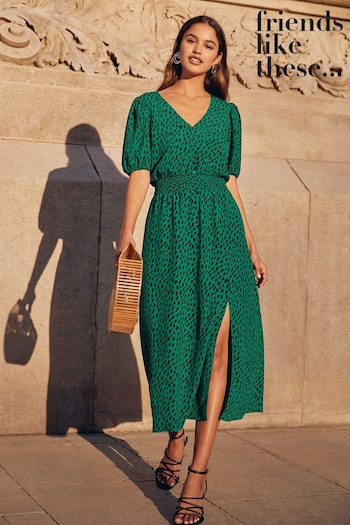Friends Like These Green Puff Sleeve Ruched Waist V Neck Midi Summer Dress (Q10640) | £39
