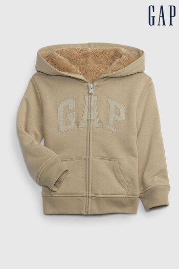 Gap Beige Logo Zip Up Sherpa Lined Hoodie (Q10766) | £30