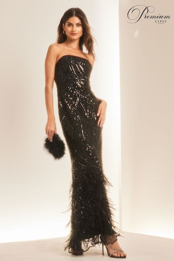 Lipsy Black Premium Sequin Feather Bandeau Maxi Dress (Q10836) | £265