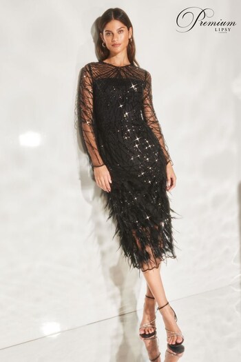 Lipsy Black Premium Long Sleeve Sequin Feather Dress (Q10837) | £300
