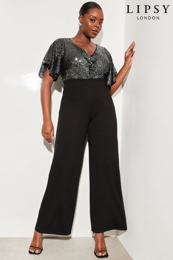 Lipsy Black Curve Sequin Flutter Sleeve Wide Leg Jumpsuit (Q10964) | £82