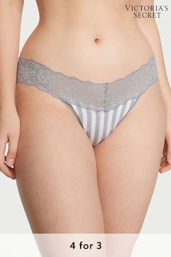 Victoria's Secret Grey White Stripe Lace Waist Thong Knickers (Q11188) | £9
