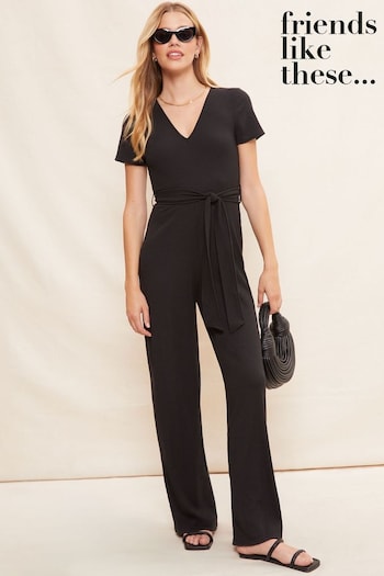 Friends Like These Black V Neck Short Sleeve Ribbed Jersey Wide Leg Jumpsuit (Q11252) | £34