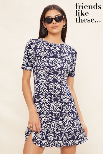 All Womens Sportswear Navy Ikat Petite Print Short Sleeve Ruffle Hem Jersey Mini Dress (Q11255) | £30