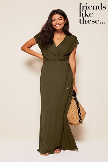 Friends Like These Khaki Green Petite Short Sleeve Wrap V Neck Tie Waist Summer Maxi Dress (Q11256) | £32