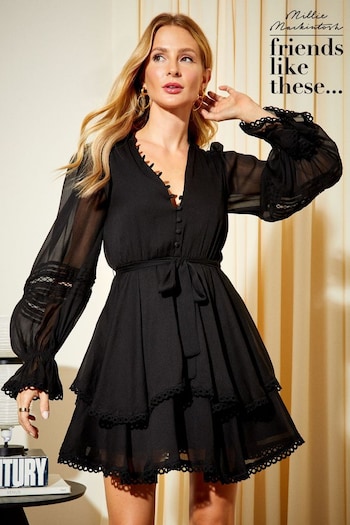 Friends Like These Black Chiffon Tiered Long Sleeve Tie Waist Mini Dress (Q11264) | £45