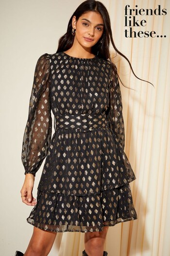 Friends Like These Black Petite Foil Chiffon Tiered Belted Long Sleeve Mini Dress (Q11268) | £55