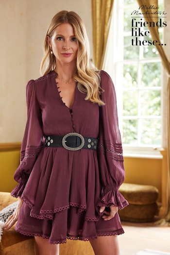 Tops & T-shirts Purple Chiffon Tiered Long Sleeve Tie Waist Mini Dress (Q11271) | £45