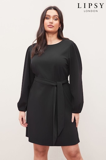 Lipsy Black Curve Long Sleeve Round Neck Tie Waist Shift Dress (Q11559) | £39