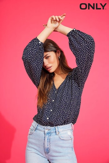 ONLY Navy V Neck Printed Button Up Blouse (Q11780) | £24