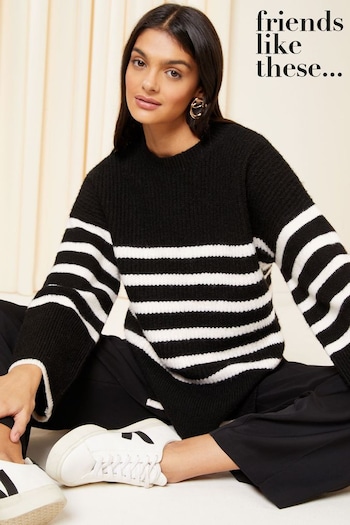 Neil Barrett Crew Neck Sweater Black/White Stripe Split Hem Relaxed Jumper (Q11787) | £36