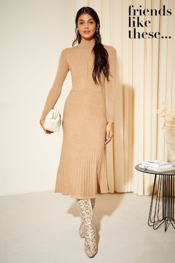 Friends Like These Camel High Neck Knitted Pleated Long Sleeve Midi Dress (Q11788) | £48