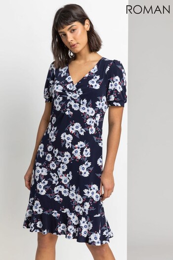 Roman Blue Floral Print Frill Hem Tea Dress (Q12256) | £38