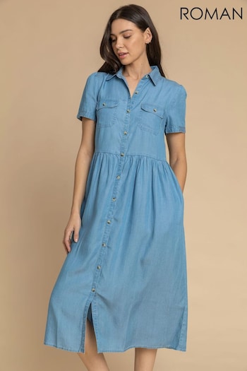 Roman Blue Denim Buttoned Midi met Shirt Dress (Q12269) | £45