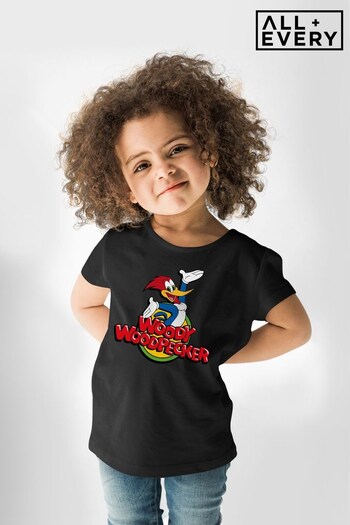 All + Every Black Woody Woodpecker Classic Logo Kids T-Shirt (Q12391) | £18