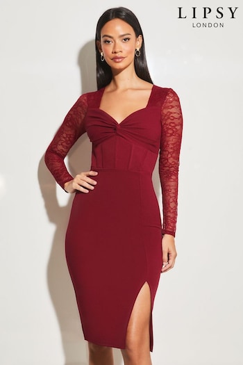 Lipsy Red Knotted Sweetheart Neck Lace Long Sleeve Corset Dress (Q12398) | £28