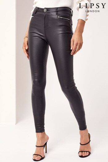 Lipsy Authentic Coated Black Petite Mid Rise Skinny Kate Patches Jeans (Q12887) | £40