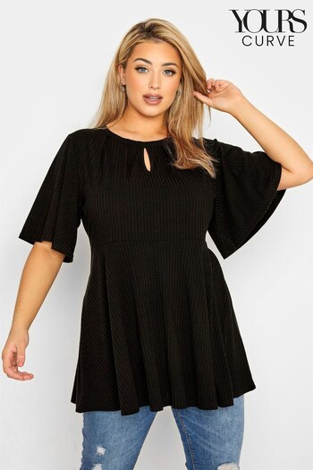 Yours Curve Black Keyhole Detail Rib Peplum Top (Q13147) | £24