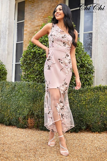 Chi Chi London Pink One Shoulder Peplum Embroidered Bodycon Dress (Q13456) | £116