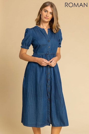 Roman Blue Puff Sleeve Denim Belted Midi Dress (Q13548) | £45