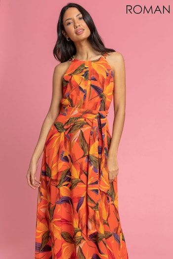 Roman Orange Floral Print Tie Waist Maxi Dress (Q13553) | £60
