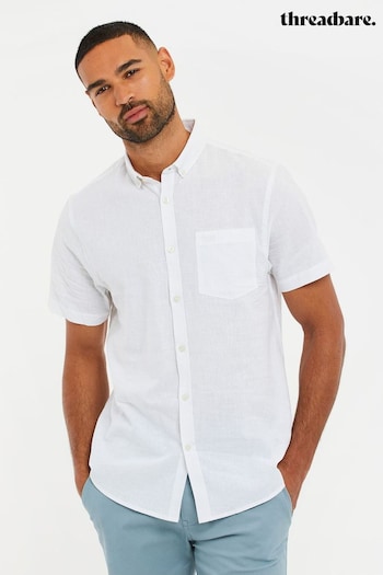 Threadbare White Cotton-Linen Blend Short-Sleeve Shirt (Q14838) | £22