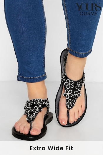 Yours Curve Black Extra-Wide Fit Gem Flower Toepost Sandal (Q15267) | £27