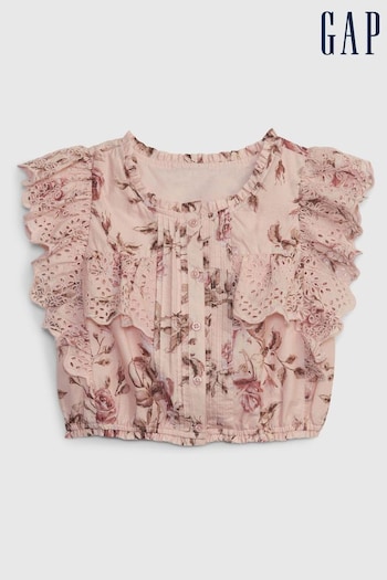 Gap Pink LoveShackFancy Girls Floral Ruffle Button-Front Top (Q15484) | £35